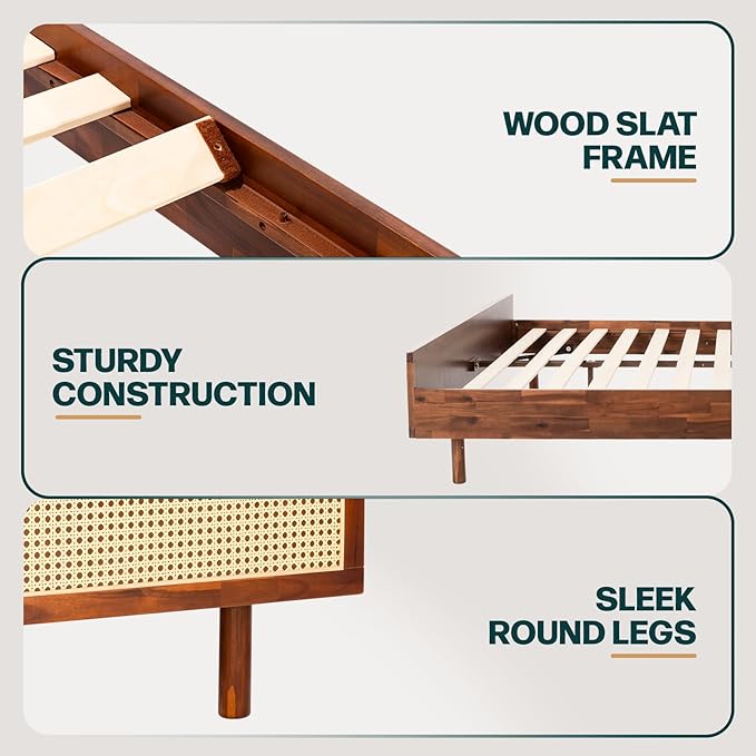 Bme Nancy King Size Bed Frame and Headboard, Unique Geometric Headboard, US Patent Pending Design, Mid Century Modern Style, Acacia Wood, 12 Slats, No Box Spring Needed, Easy Assembly, Dark Chocolate