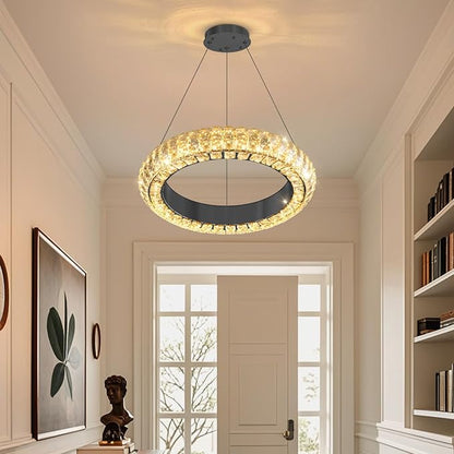 16" Ring Modern LED Dimmable Crystal Chandelier Adjustable Height Pendant Light Round Crystal Chandelier Light Fixtures for Dining Room Living Room Kitchen Island Black