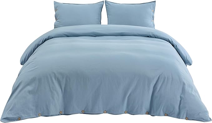 Bedsure Linen Duvet Cover Queen - Linen Cotton Blend Bedding Set, Soft & Cozy, 3 Pieces, 1 Duvet Cover 90x90 Inches and 2 Pillowcases, Grey Blue Color Cooling Bedding, Comforter Sold Separately