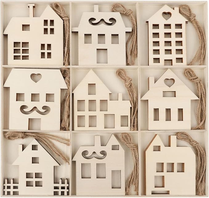 MACTING 27PCS Wooden Christmas Ornaments Unfinished Predrilled Natural Wood Slices DIY Blank Hanging Ornaments Kit for Crafts Centerpieces Christmas Tree Decorations, 9 Styles