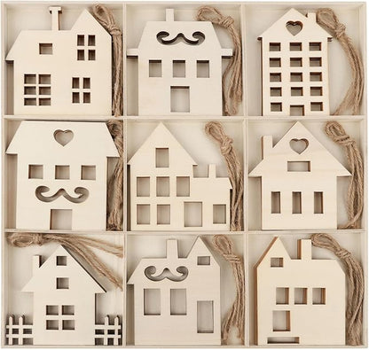 MACTING 27PCS Wooden Christmas Ornaments Unfinished Predrilled Natural Wood Slices DIY Blank Hanging Ornaments Kit for Crafts Centerpieces Christmas Tree Decorations, 9 Styles