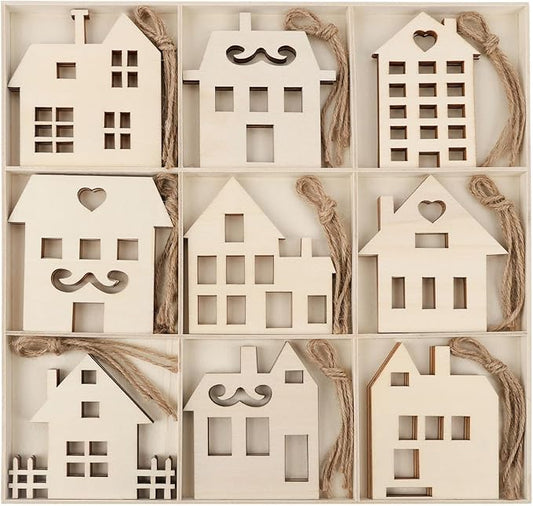 MACTING 27PCS Wooden Christmas Ornaments Unfinished Predrilled Natural Wood Slices DIY Blank Hanging Ornaments Kit for Crafts Centerpieces Christmas Tree Decorations, 9 Styles