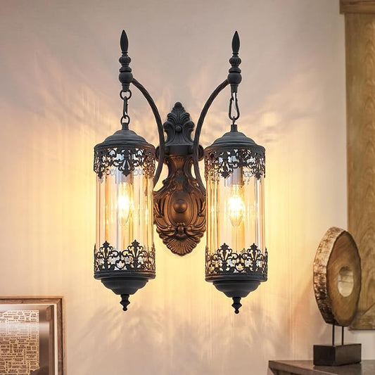 Rustic Wall Sconce with Amber Glass Vintage 2-Lights Antique Gothic Wall Light Fixture Retro Farmhouse Mid Centry Lantern Wall Sconce for Bedroom, Living Room, Mirror, Black, E12