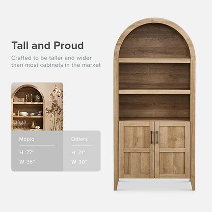 mopio Lauren 77.4" Tall Arched Cabinet, 5-Tier Arched Bookcase with Doors and Adjustable Shelves, Arch Bookshelf with Storage, Wooden Storage Cabinet for Living Room and Kitchen Pantry (Oak)