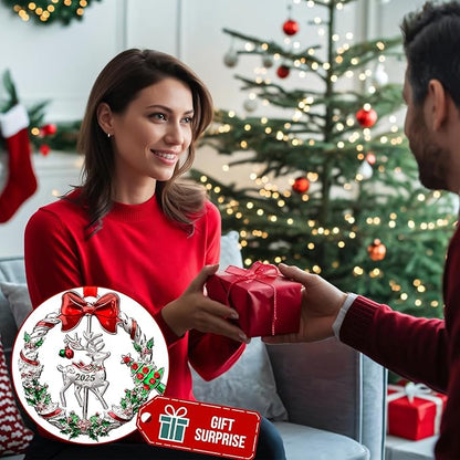 Christmas Ornament 2025 for Christmas Tree Hanging Decorations, Xmas Wreath Ornament with Rotatable Reindeer, Dated 2025 Metal Xmas Ornament for Holiday Decorative Keepsake Gift