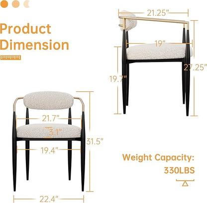 Morden Fort Modern Dining Chairs Set of 4, Upholstered Boucle Dining Chairs with Gold Armrest and Black Metal Legs for Kitchen, Living Room and Reception