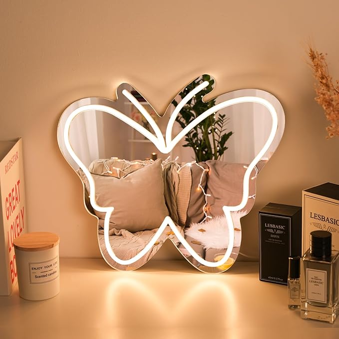 Butterfly Mirror Neon Sign Dimmable USB LED Neon Lights for Ideal Home Decor for Bedroom, Kidsroom, Living Room Parties, Christmas Birthdays Gifts for Girls Women, Boho Mirror Wall Sign Art Gift-White