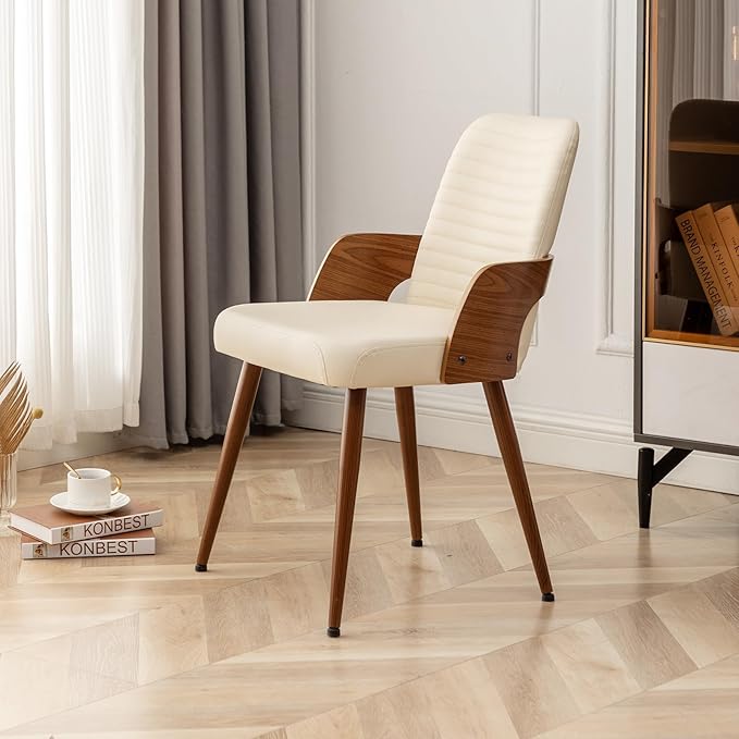 Dining Room Chairs Set of 2,Mid Century Modern Kitchen Chair,Upholstered Faux Leather Chairs,Metal Legs Wooden Desk Chair,Armless and No Wheels for Kitchen Dining,Beige PU