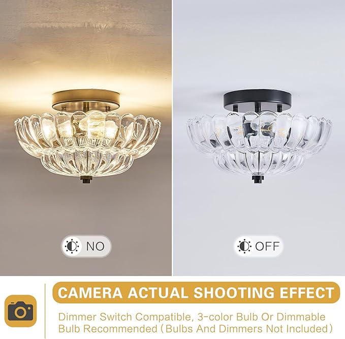 Mid Century Modern Black Semi Flush Mount Ceiling Light Fixture,3 Lights Flower Glass Close to Ceiling Lighting Fixtures for Bedroom Hallway Kitchen Foyer Bathroom Closet Laundry Room 11.8 in