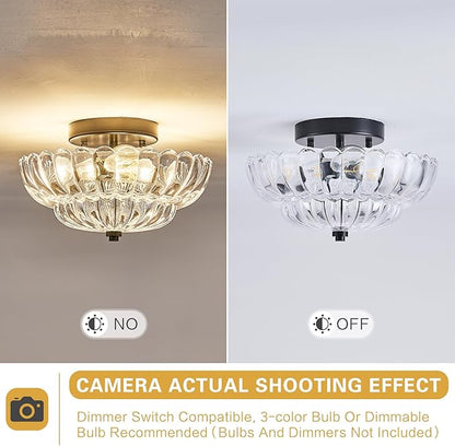 Mid Century Modern Black Semi Flush Mount Ceiling Light Fixture,3 Lights Flower Glass Close to Ceiling Lighting Fixtures for Bedroom Hallway Kitchen Foyer Bathroom Closet Laundry Room 11.8 in