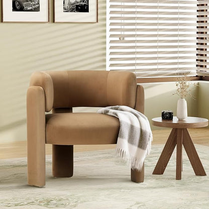 COLAMY Modern Velvet Accent Chair, Upholstered Barrel Chair, Comfy Side Arm Chair with 3 Legs for Living Room, Bedroom, Reading, Khaki