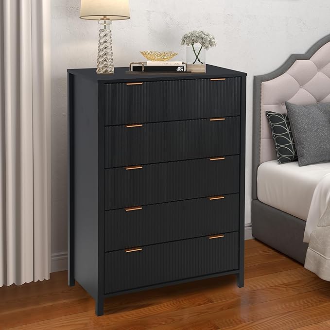 5 Drawer Dressers for Bedroom, Modern Closet Chest of Drawers with Waveform Fluted Panel, Large Wood Storage Dresser Organizer for Nursery Bedroom Living Room Hallway Closet, Black