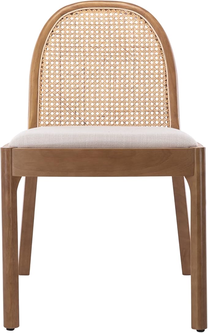 Upholstered Wooden Dining Chairs Set of 4, Farmhouse Kitchen & Dining Room Chairs with Cane Back, Accent Dining Table Chairs Beige Linen Seat for Kitchen/Restaurant/Living Room, Beige