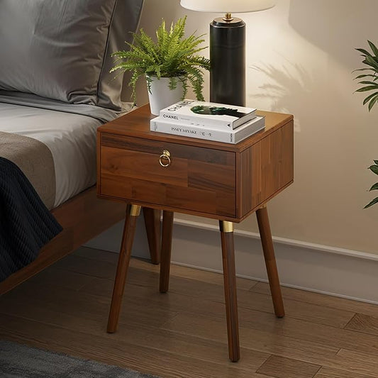 Bme Alden Solid Wood Bedside Table End Table with 1 Drawer for Mid Century Bedroom and Living Room, Dark Chocolate