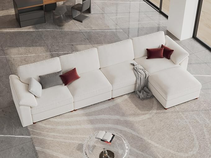 EASE MOOSE Extra Large Modular Sectional Sofa, Modern Oversized L Shape Sectional Couch,Comfty Deep Seat Chenille Modular Sofa with Ottoman,White