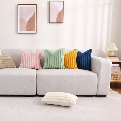 decorUhome Faux Fur Christmas Throw Pillow Covers 16x16 Set of 2, Decorative Soft Plush Striped Neutral Euro Pillow Covers with Velvet Back for Bed, Living Room Home Decor, Sage Green