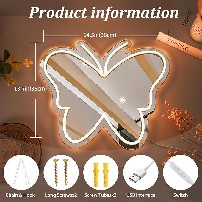 Butterfly Mirror Neon Sign Dimmable USB LED Neon Lights for Ideal Home Decor for Bedroom, Kidsroom, Living Room Parties, Christmas Birthdays Gifts for Girls Women, Boho Mirror Wall Sign Art Gift-White