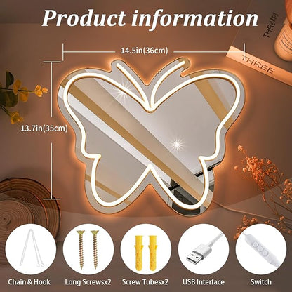 Butterfly Mirror Neon Sign Dimmable USB LED Neon Lights for Ideal Home Decor for Bedroom, Kidsroom, Living Room Parties, Christmas Birthdays Gifts for Girls Women, Boho Mirror Wall Sign Art Gift-White