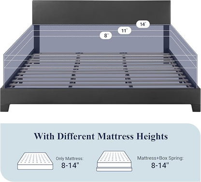 Allewie King Size Bed Frame with Adjustable Headboard, Faux Leather Platform Bed with Wood Slats, Heavy Duty Mattress Foundation, No Box Spring Needed, Noise-Free, Easy Assembly, Black