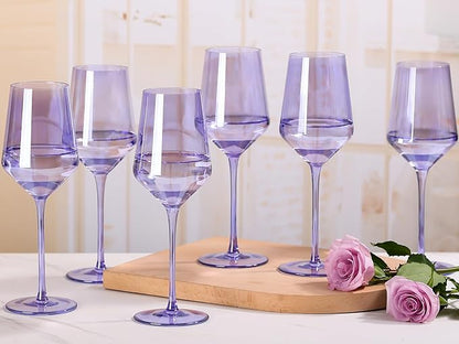 Physkoa Lavender Purple Wine Glasses Set of 6-15oz Hand Blown Crystal Colored Wine Glasses with Long Stem, Wedding, Birthday, Christmas Glassware Gifts for Lovers