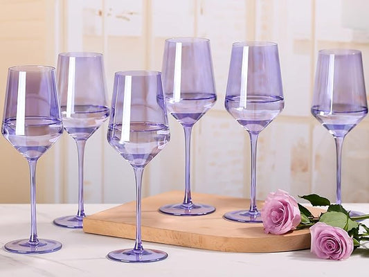 Physkoa Lavender Purple Wine Glasses Set of 6-15oz Hand Blown Crystal Colored Wine Glasses with Long Stem, Wedding, Birthday, Christmas Glassware Gifts for Lovers