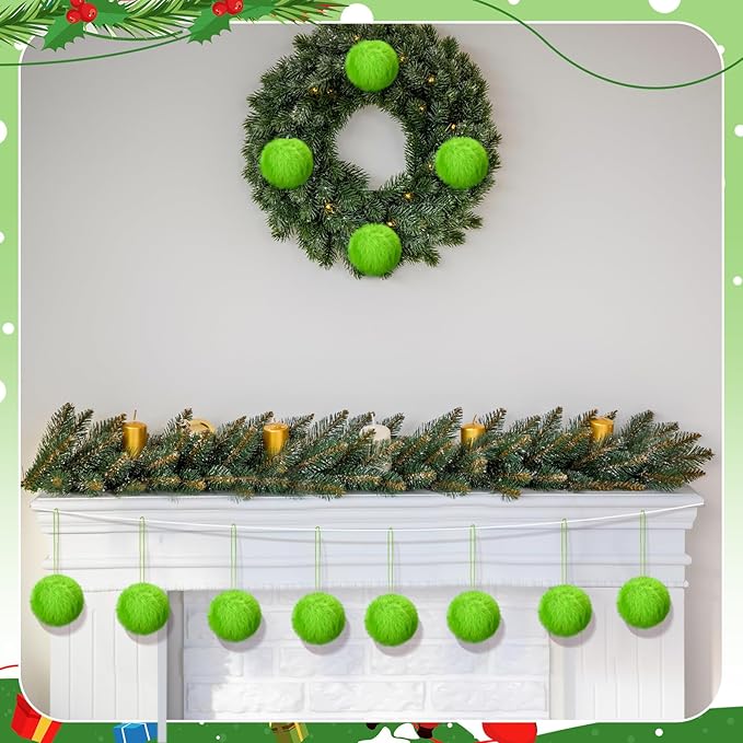 Gejoy 12 Pcs Lime Green Furry Christmas Ball Ornaments for Xmas Tree Green Christmas Hanging Decorations Soft Faux Fur Pom Pom Ball Ornaments for Home Party Supplies Fireplace Mantel Wall Decor