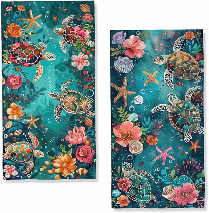 Sea Turtle Starfish Kitchen Dish Towels Set of 2 16x24 Farmhouse Holiday Tabletop Decor Coral Floral Turquoise