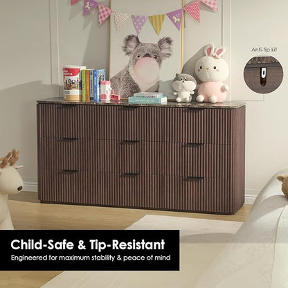 Fluted 9 Drawer Dresser for Bedroom, 63" Wide Modern Chest of Drawers with Faux Marble Top, Curved Corners, Wooden Dresser TV Stand with Organizer Storage for Living Room (Dark Oak, 63" W)