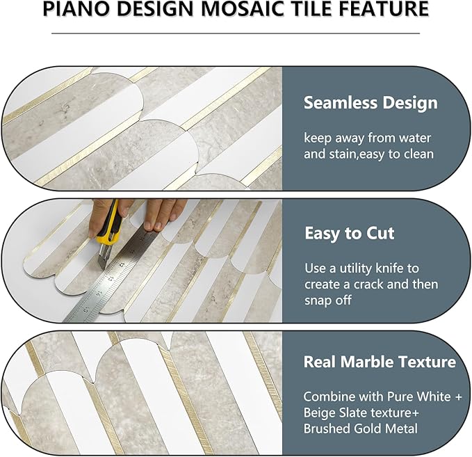 Vamos Tile Peel and Stick Backsplash Seamless Tile,1-Sheet Stick on Backsplash for Kitchen and Bathroom,White and Beige Slate PVC Mixed Metal Gold Self Adhesive Mosaic Tiles