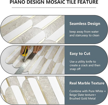 Vamos Peel and Stick Backsplash Seamless Tile for Kitchen and Bathroom,White and Beige Slate PVC Mixed Light Gold Self Adhesive Fish Scale Metal Mosaic Tiles (10 Sheets)