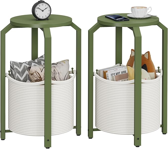 TUTOTAK Small Side Table, Round End Table, Night Stand, Bedside Table, Sofa Table with Storage Basket, Living Room, Bed Room, Olive Green TB01BOG0922