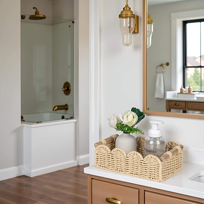 CubesLand Scalloped Edge Toilet Paper Storage Basket, Living Room Home Cozy Decor Basket, Paper Rope Small Baskets for Over Toilet Storage Shelf, Shelves, with 2 Wooden Handles, Beige