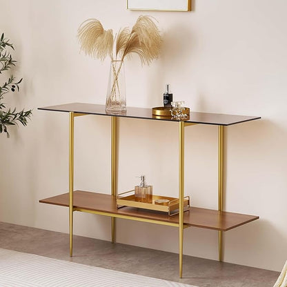 Extra Large Glass Console Table for Living Room, Foyer & Entrance, L47 x W16 x H31, Mid-Century Modern Sofa Table with Amber Glass Top, Walnut Finish Wood Top and Gold Finish Metal Frame
