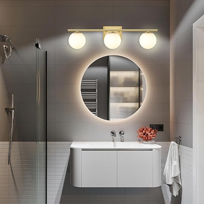 New Bathroom Vanity Light Fixtures 3 Lights Brushed Brass Glass Shade Modern Wall Bar Sconce Over Mirror