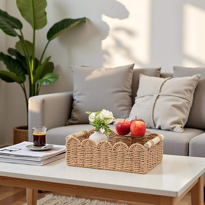 CubesLand Paper Rope Scalloped Edge Toilet Paper Storage Basket, Small Living Room, Bedroom Decor Baskets for Over Toilet Storage Shelf, Shelves and More, with 2 Wooden Handle, Neutral