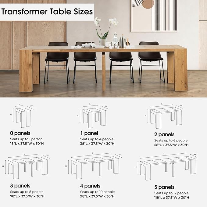 Transformer Table Extendable Dining Table Set for 2 to 12, Wood Kitchen and Dining Room Furniture, Space Saving Table & Dining Bench, Modern Dining Room Table Set
