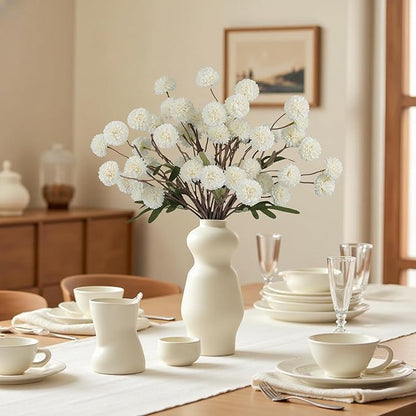Faux White Kiku Flowers 10 Stems & 2 Eucalyptus,Fake Mums Flower Autumn Artificial Chrysanthemums Mini Ball Floral for Table Centerpieces,Silk Fall Faux Mums Flower for Vase Wedding Arrangements Decor