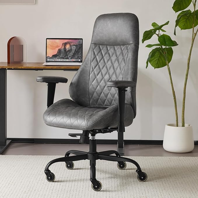 YFO Home Office Chair High Back Office Rubber Chair Casters Ergonomic Computer Chair with Lumbar Support Adjustable Height Rolling Swivel Chair Executive Task Armrests, Grey Leather