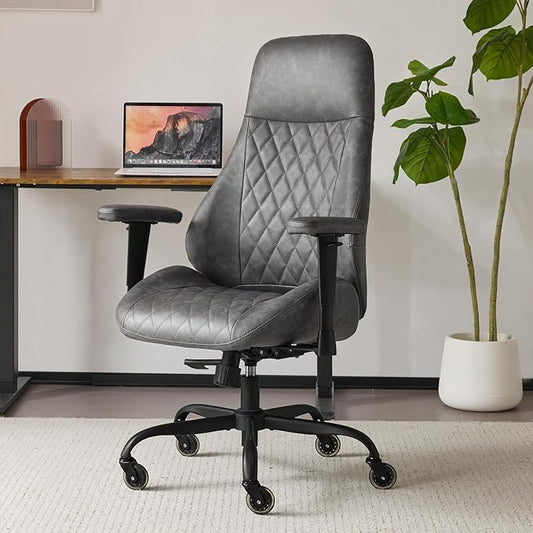 YFO Home Office Chair High Back Office Rubber Chair Casters Ergonomic Computer Chair with Lumbar Support Adjustable Height Rolling Swivel Chair Executive Task Armrests, Grey Leather