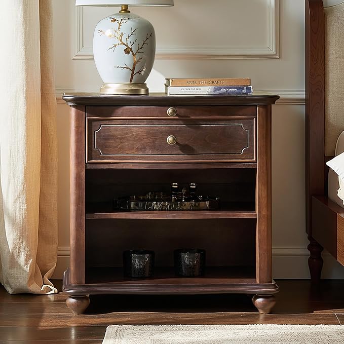 HULALA HOME Wooden Nightstand with Pull-Out Shelf, Mid Century Modern Nightstand with Solid Wood Drawers and Legs, Adjustable Storage, Walnut