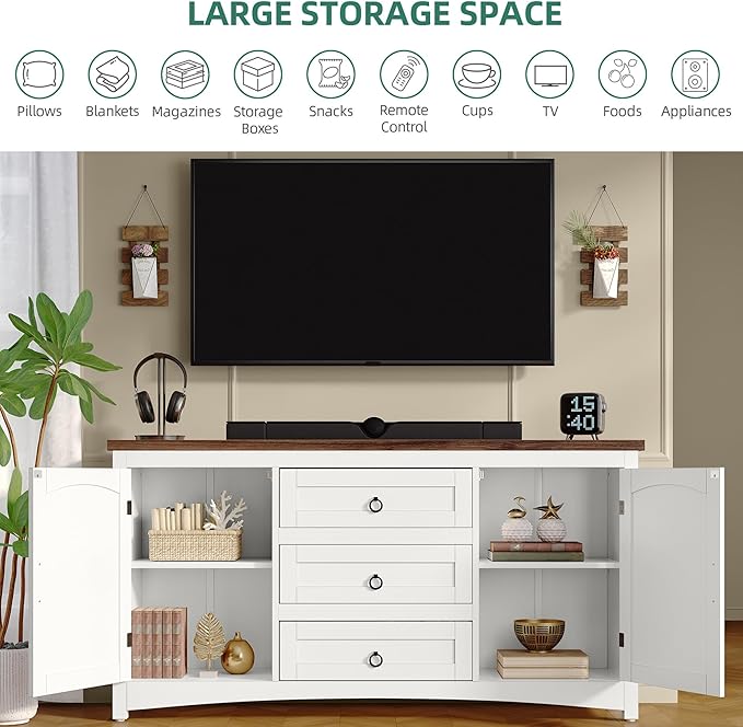 YITAHOME TV Stand for 65 Inch TVs, 31.4" Tall Entertainment Center with Storage Cabinets and Drawers, Media TV Console with Barn Doors for Living Room, White