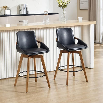 Mid-Century Swivel Bar Stools Set of 2, 26.5 inch Counter Height Barstools PU Leather Bar Chairs with Wooden Frame for Kitchen Island Dining Room, Black