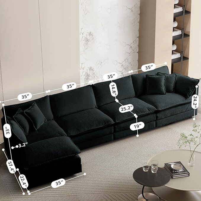 SoarFlash Chenille Sectional Sofa, Comfy L Shaped Modular Coush Sofa with Ottoman, Modern 4 Seat Couch Deep Seat Sofa Set for Living Room,Black