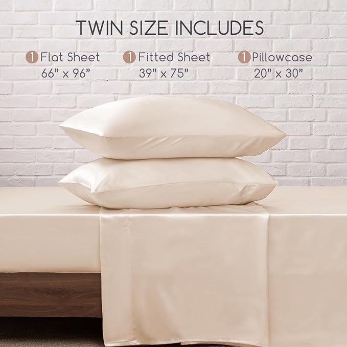 MR&HM Satin Bed Sheets, Twin Size Sheets Set, 3 Pcs Silky Bedding Set with 15 Inches Deep Pocket for Mattress (Twin, Beige)