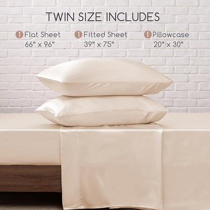 MR&HM Satin Bed Sheets, Twin Size Sheets Set, 3 Pcs Silky Bedding Set with 15 Inches Deep Pocket for Mattress (Twin, Beige)