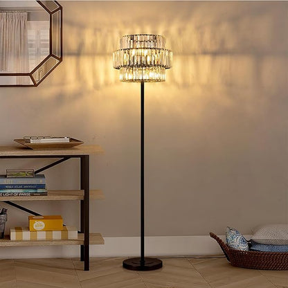 Wellmet Black Floor Lamp for Living Room, 6 Lights Modern Crystal Standing Lamp, Tall Elegant Floor Lamp with Foot Switch for Office, Reading Room, Bedroom, Dining Room(E12 Base)
