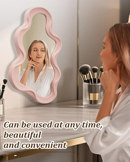 Funky Small Decorative Wall Mirror - Pink Asymmetrical Wavy Design,Hanging Mirror for Bedroom, Bathroom Entryway Modern Irregular Squiggly Shape,Compact Size, Easy Install