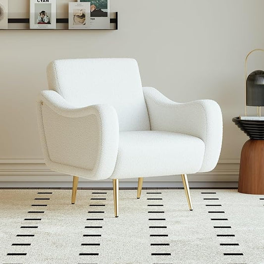 homary White Boucle Accent Chair with Gold Metal Legs, Modern Plush Armchair for Living Room, Reading Chair with High-Density Foam Cushion