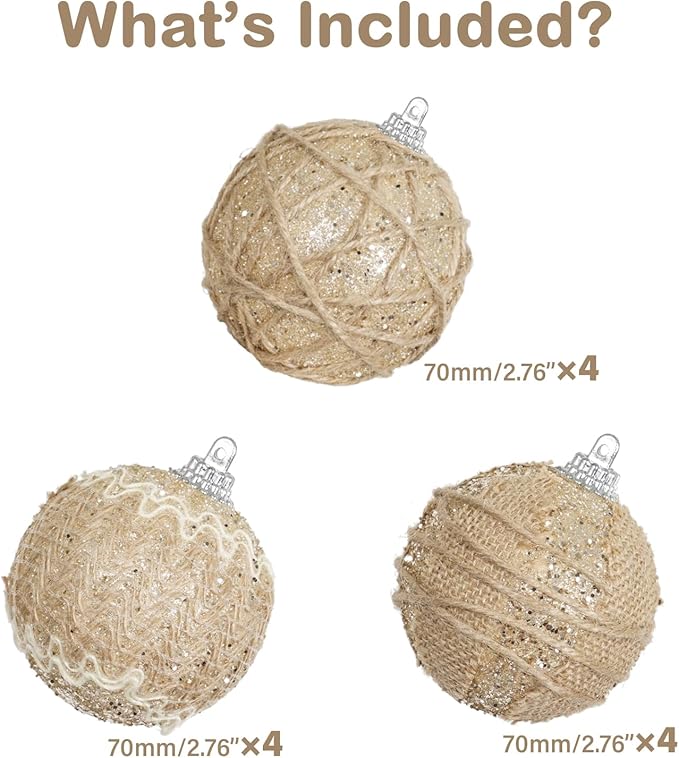 XmasExp Farmhouse Christmas Ball Ornaments Set-70mm/2.76" Shatterproof Rustic Xmas Tree Hanging Decoration (12 Counts,Beige & Champagne)