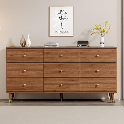 9 Drawer Dresser 63" Wide Mid Century Modern Chest of Drawers, Tan